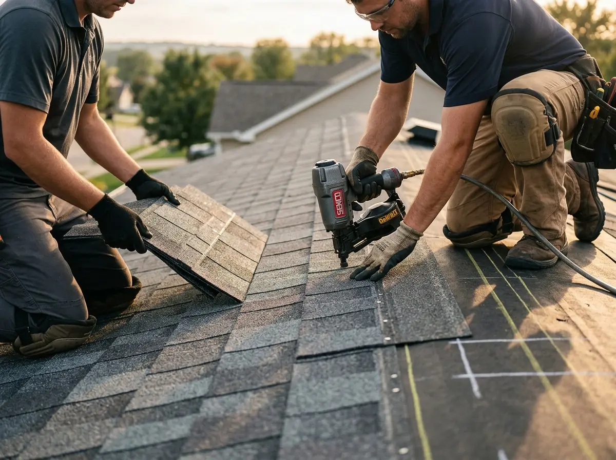 Professional roofer working on a residential roof in Moraine